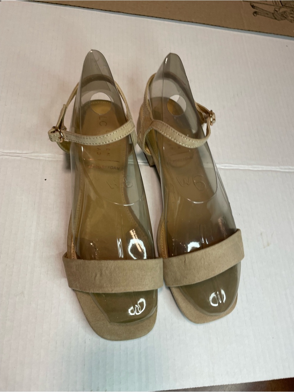 LC Lauren Conrad Nude Beige Clear Strap Block Heel Sandals